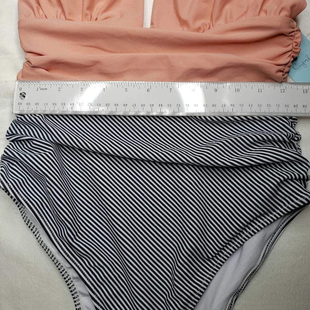 Cupshe Swimsuit One Piece Peach Black White Pinstripe Women's Medium 6/8 NWT